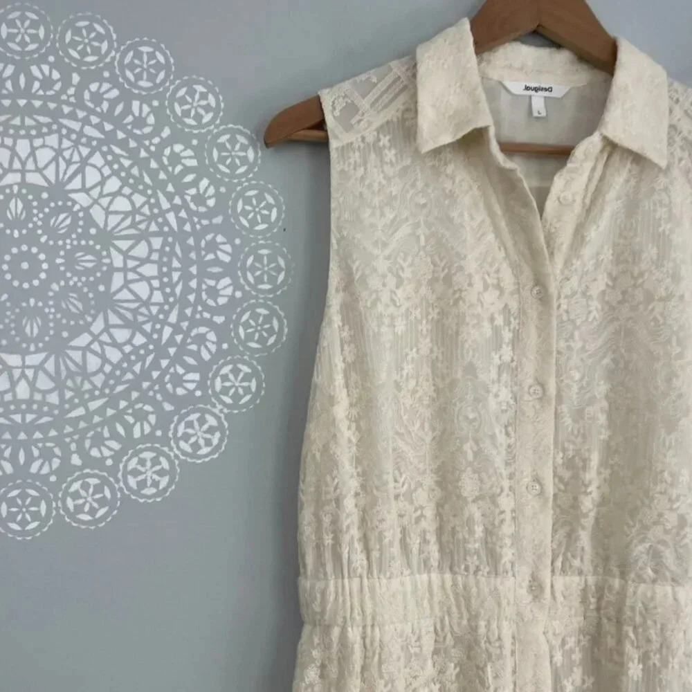 Desigual Long Embroidered Button Front Shirt Dress Crudo Size Large - Picture 6 of 6